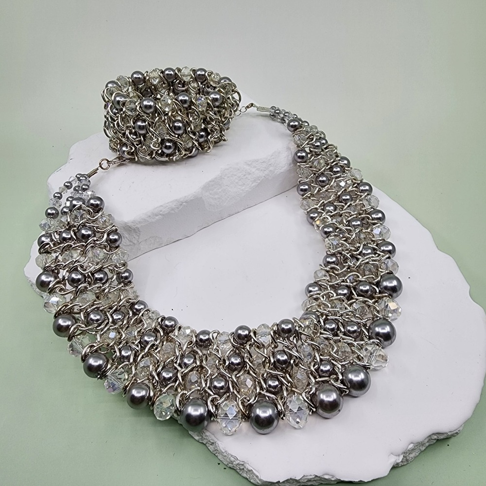 Silver Tone Gray Faux Pearl Crystal Necklace Bracelet Set Chunky Bold Statement